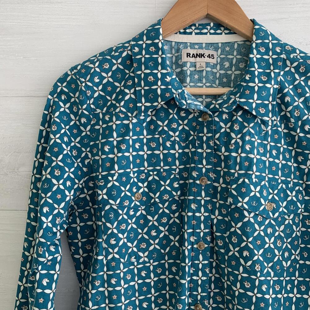 Rank 45 - Teal equestrian western tailored button up shirt, L - Picture 2 of 7